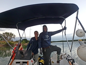 Me and Dr. Wueringer aboard the SARA research boat at the beginning of a sampling night shift.